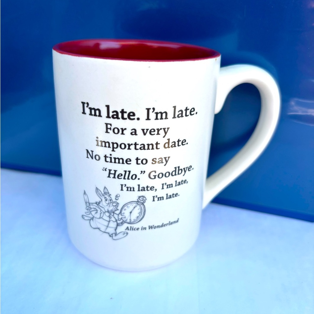 DISNEY Hallmark ALICE IN WONDERLAND WHITE RABBIT “I’m Late” Sketch Mug Cup RARE